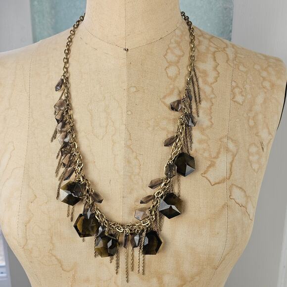 Lot 2 J Crew necklaces olive green and stone ribbon smokey facetted fringed - Picture 10 of 11